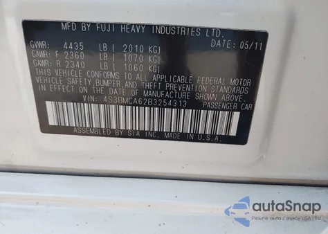 2011 Subaru Legacy 2.5I из США, поврежденный, VIN 4S3BMCA62B3254313